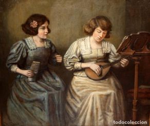Arte: ROMÁN RIBERA CIRERA (Barcelona, 1848 - 1935) OLEO SOBRE TELA. LA PROFESORA Y LA ALUMNA. 90 X 100 CM.